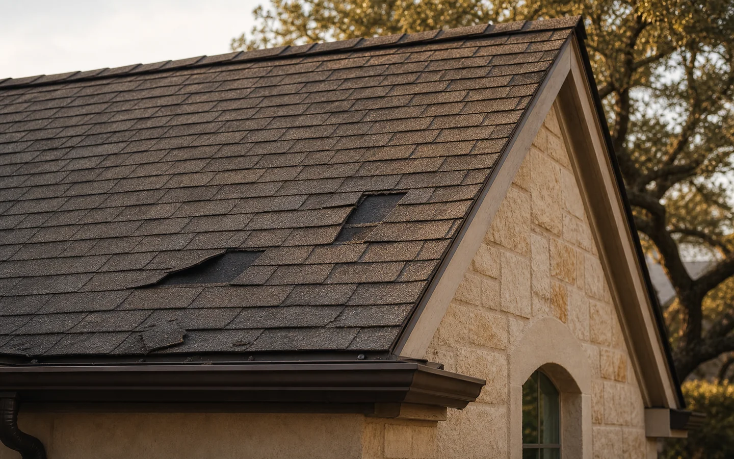 Wind-lifted and missing asphalt shingles on a San Antonio home